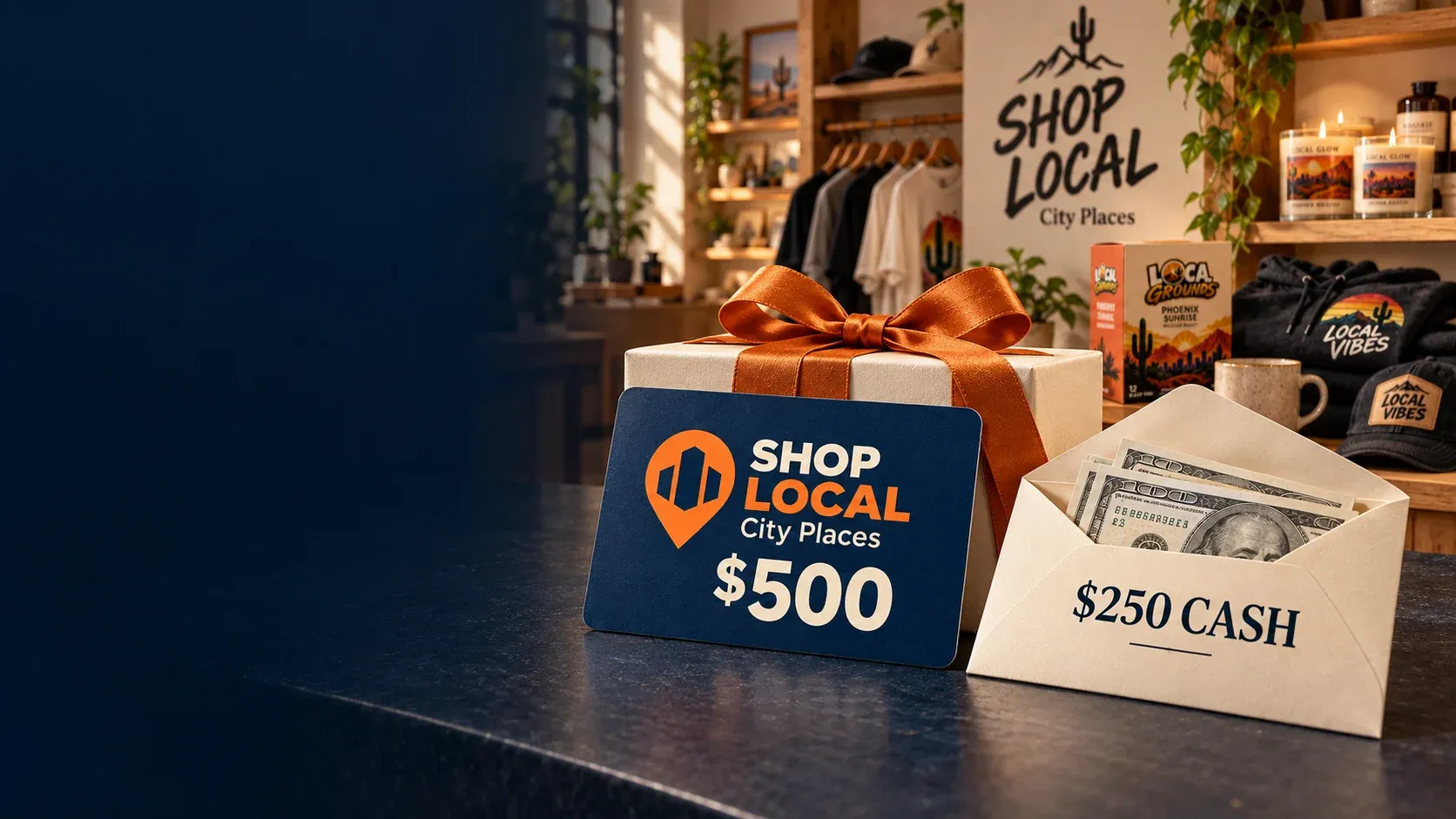 $1,000 SHOP LOCAL Michigan Places gift card and $500 cash envelope in front of a SHOP LOCAL store and product display.